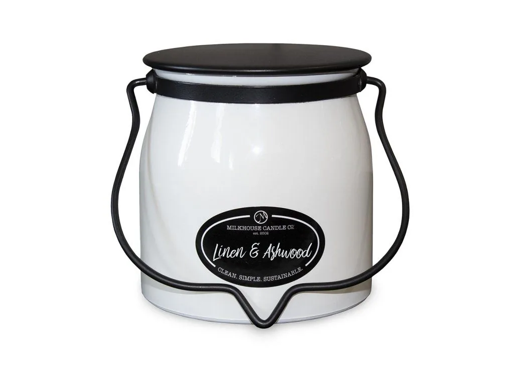 MILKHOUSE CANDLE Linen & Ashwood vonná sviečka BUTTER JAR 2-knôtová (454 g)